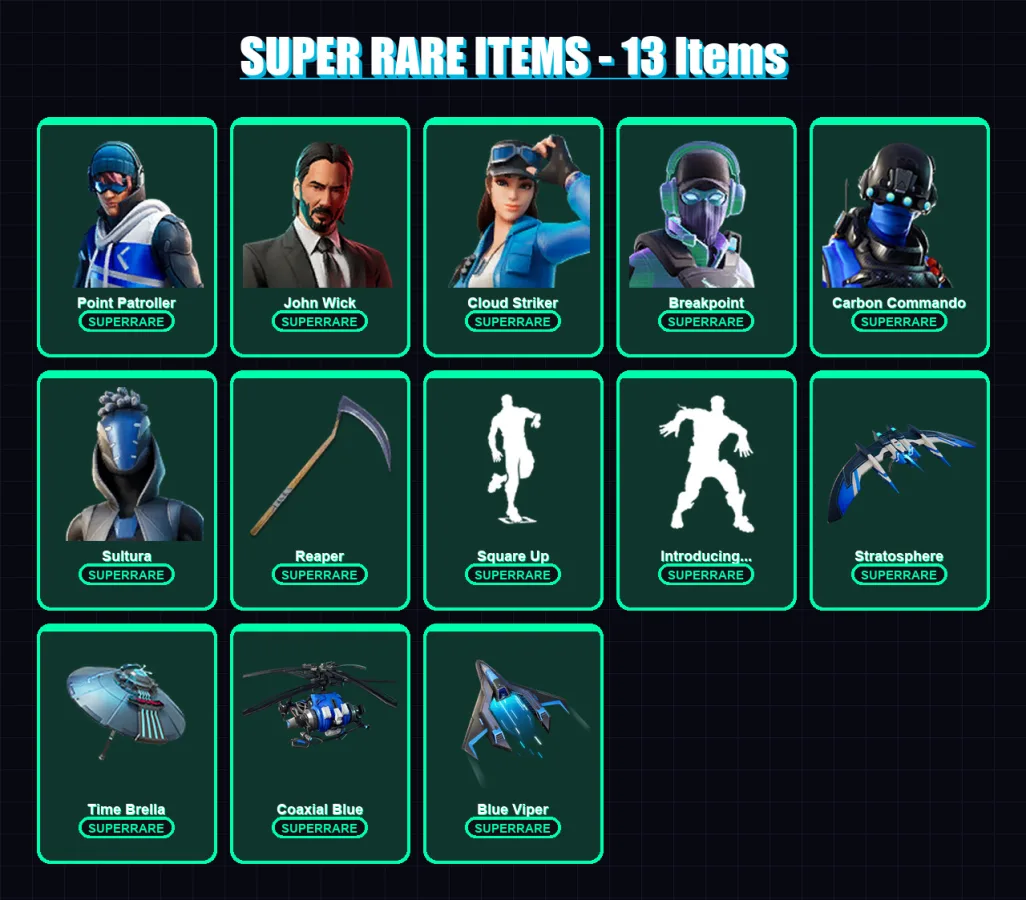 [PC] | Point Patroller | John Wick | Cloud Striker | Breakpoint | Carbon Commando | 125 skin | 120 pickaxe | 128 emote | 122 glider | Lv1879 — Fortnite account