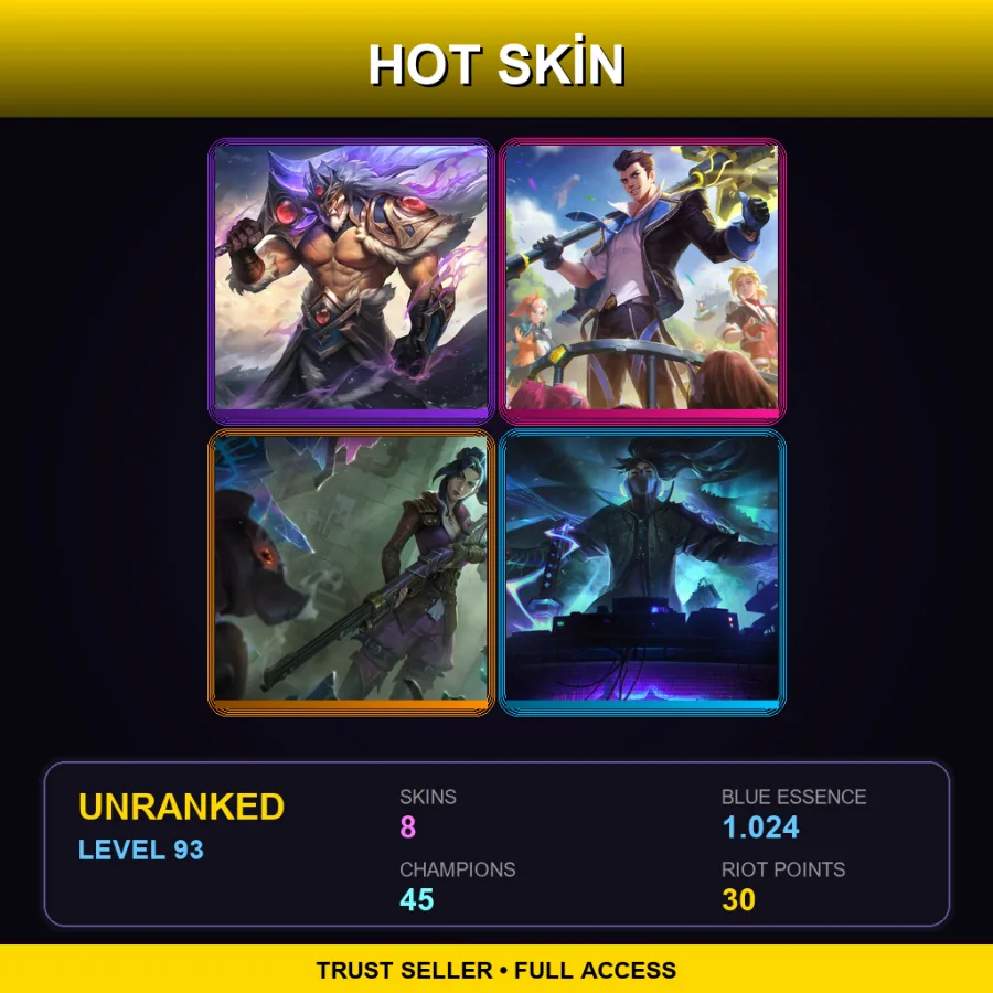 EUW | Lv93 | Unranked | 8 Skin | 45 Champ — LoL account