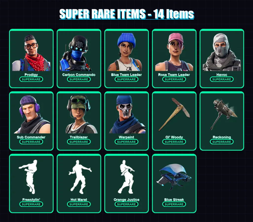 [PS4/PS5/XBOX/PC] | Prodigy | Carbon Commando | Blue Team Leader | Rose Team Leader | Havoc | 56 skin | 53 pickaxe | 81 emote | 66 glider | Lv926