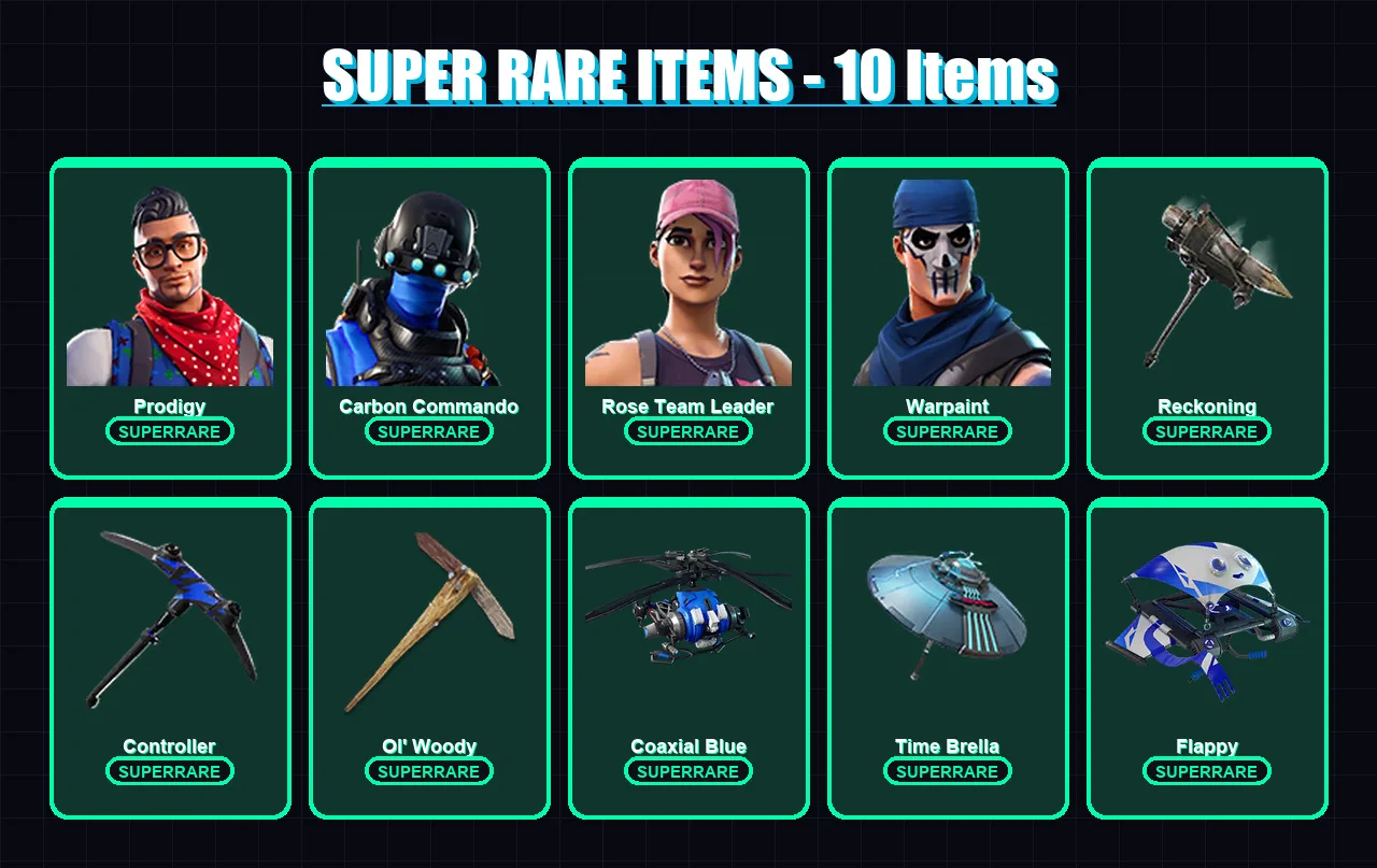 [PC] | Prodigy | Carbon Commando | Rose Team Leader | Warpaint | Mandalorian | 138 skin | 103 pickaxe | 102 emote | 96 glider | Lv1106