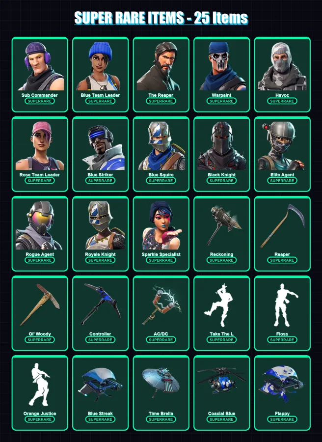 [PS4/PS5/XBOX/PC] | Sub Commander | Blue Team Leader | The Reaper | Warpaint | Havoc | 77 skin | 48 pickaxe | 48 emote | 46 glider | Lv417