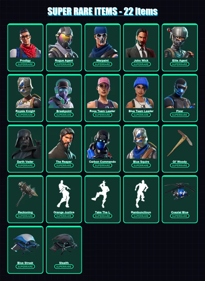 [PS4/PS5/XBOX/PC] | Prodigy | Rogue Agent | Warpaint | John Wick | Elite Agent | 199 skin | 117 pickaxe | 210 emote | 117 glider | Lv1237