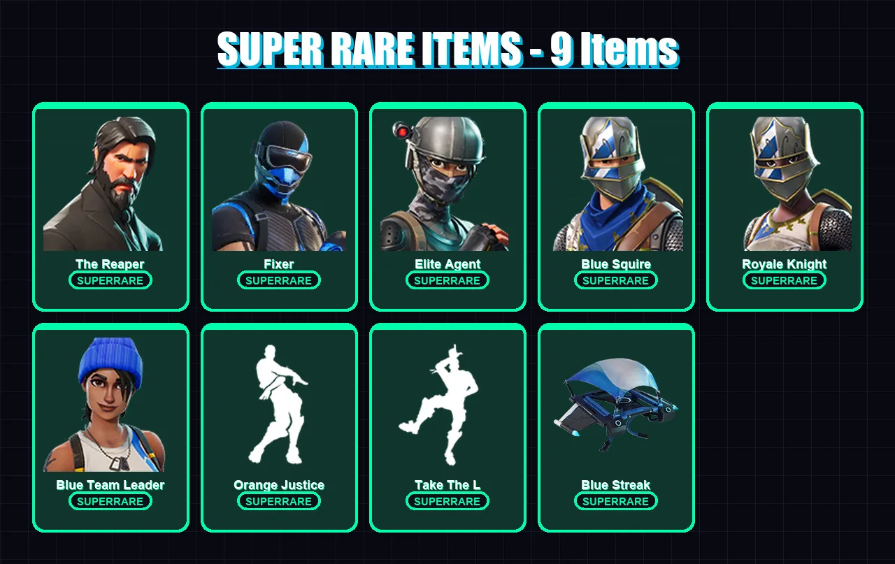 [PS4/PS5/XBOX/PC] | The Reaper | Fixer | Elite Agent | Blue Squire | Royale Knight | 25 skin | 20 pickaxe | 26 emote | 29 glider | Lv313