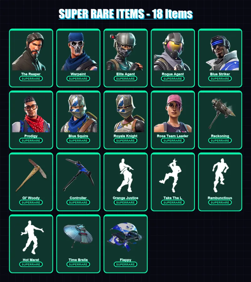 [PS4/PS5/XBOX/PC] | The Reaper | Warpaint | Elite Agent | Rogue Agent | Blue Striker | 108 skin | 116 pickaxe | 156 emote | 113 glider | Lv1439