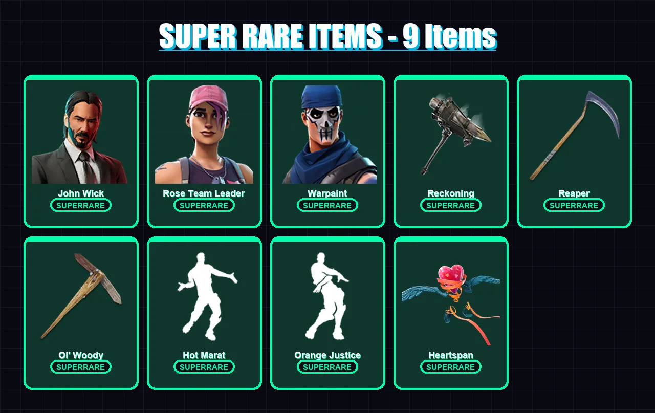 [PC/XBOX/PSN] | John Wick | Rose Team Leader | Warpaint | Deadeye | Deadfire | 153 skin | 106 pickaxe | 110 emote | 91 glider | Lv1023