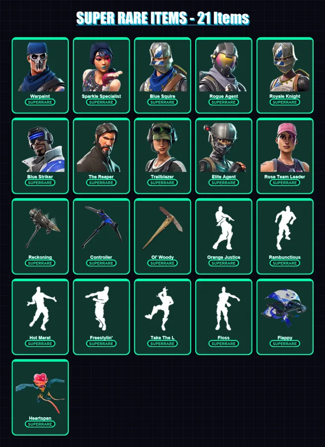 [PC] | Warpaint | Sparkle Specialist | Blue Squire | Rogue Agent | Royale Knight | 165 skin | 141 pickaxe | 145 emote | 131 glider | Lv1573