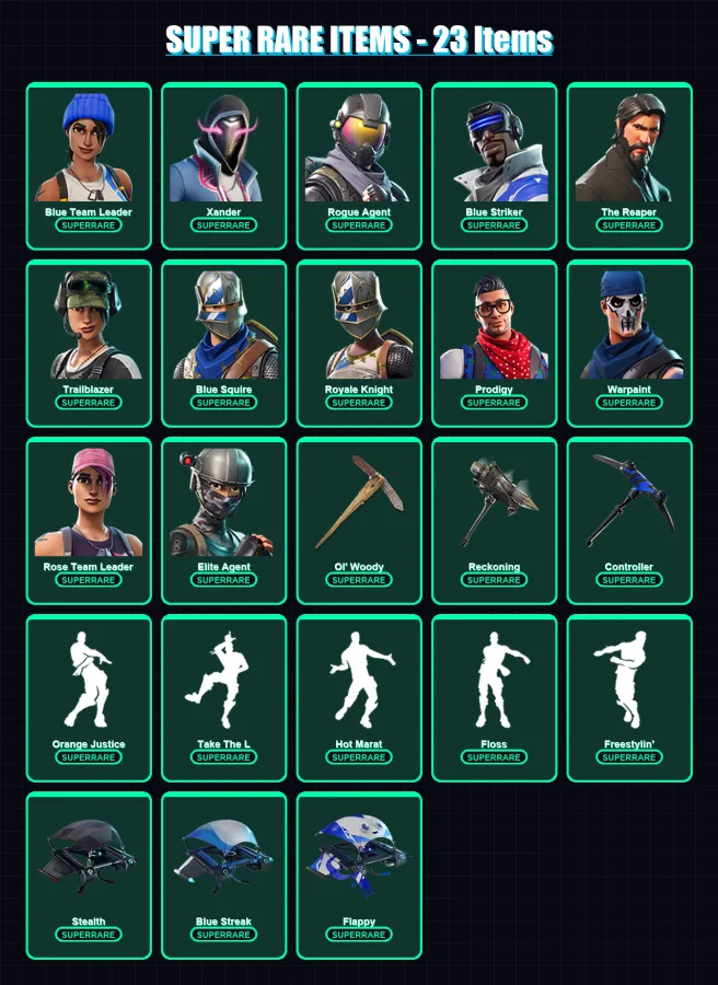 [PC/PSN] | Blue Team Leader | Xander | Rogue Agent | Blue Striker | The Reaper | 150 skin | 155 pickaxe | 155 emote | 126 glider | Lv1869