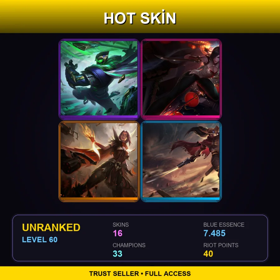 EUW | Lv60 | Unranked | 16 Skin | 33 Champ — LoL account
