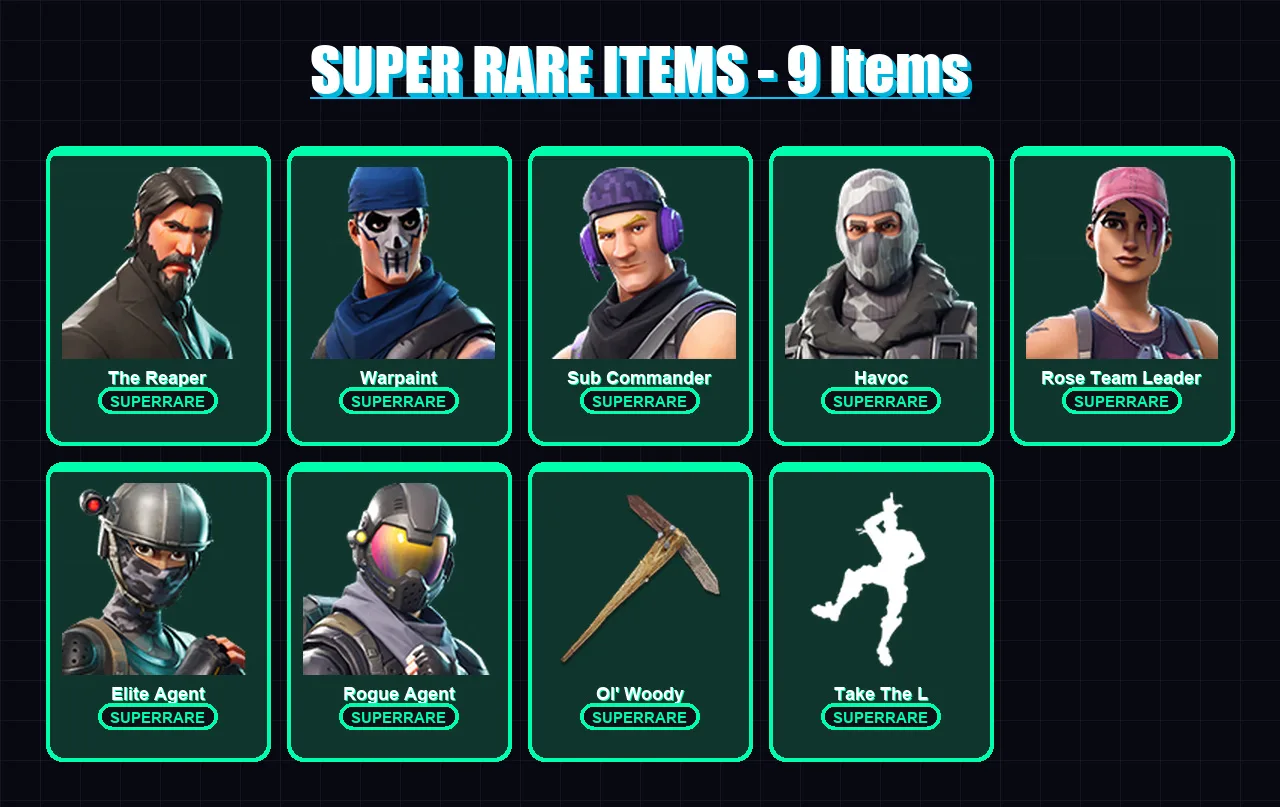 [PC/PSN] | The Reaper | Warpaint | Sub Commander | Havoc | Rose Team Leader | 50 skin | 28 pickaxe | 36 emote | 20 glider | Lv143