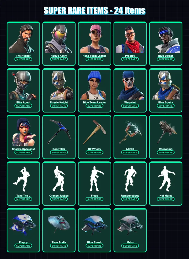 [PC/XBOX] | The Reaper | Rogue Agent | Rose Team Leader | Prodigy | Blue Striker | 105 skin | 112 pickaxe | 120 emote | 98 glider | Lv1172