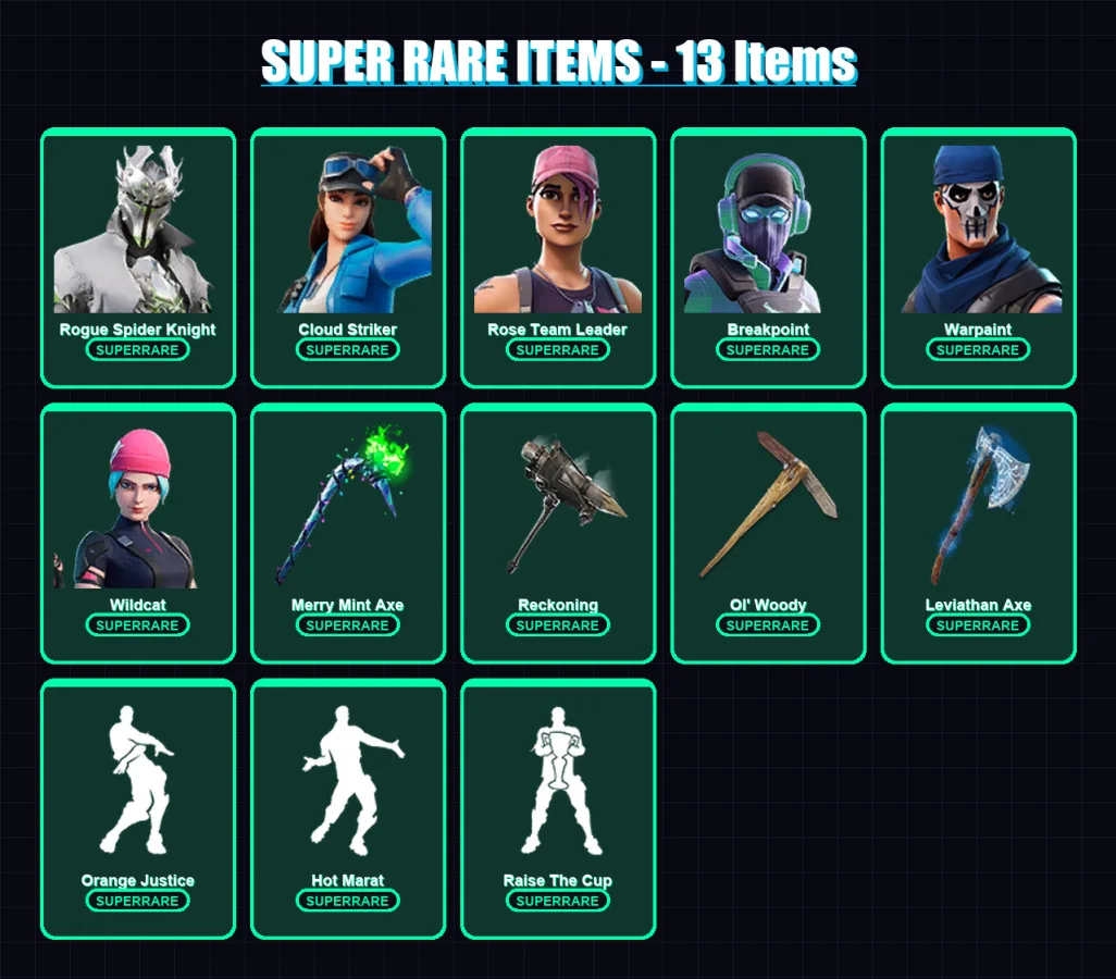 [PC] | Rogue Spider Knight | Cloud Striker | Rose Team Leader | Breakpoint | Warpaint | 223 skin | 159 pickaxe | 135 emote | 120 glider | Lv1726