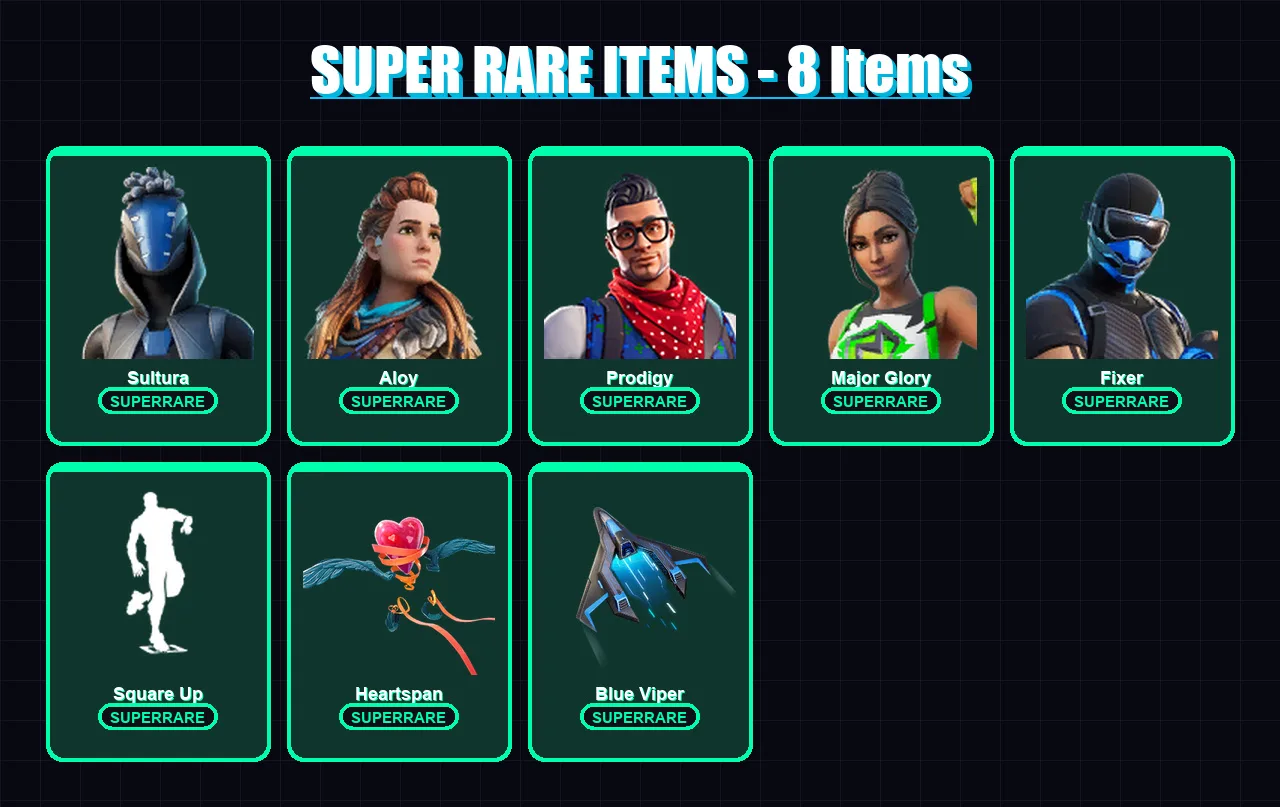 [PC] | Sultura | Aloy | Prodigy | Major Glory | Fixer | 98 skin | 94 pickaxe | 57 emote | 75 glider | Lv1170 — Fortnite account