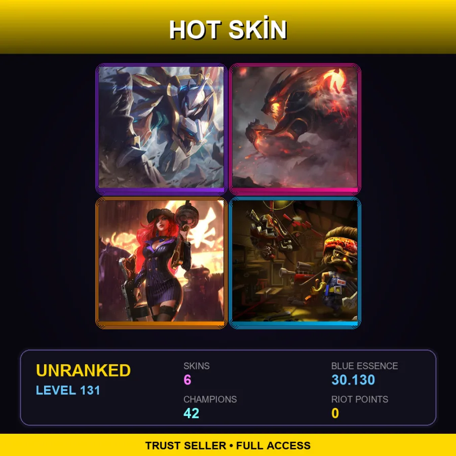 LAS | Mecha Kingdoms Sett | Firefang Warwick | Crime City Miss Fortune | Piltover Customs Heimerdinger | 6 Skin | 42 Champ | Lv131