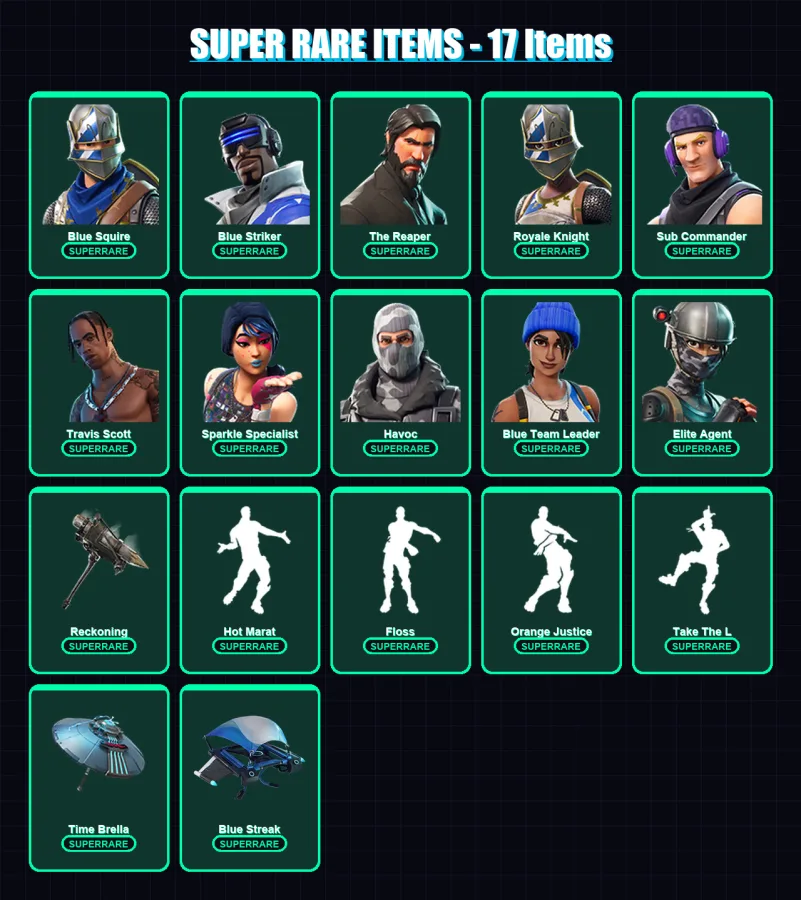 [PS4/PS5/XBOX/PC] | Blue Squire | Blue Striker | The Reaper | Royale Knight | Sub Commander | 64 skin | 68 pickaxe | 80 emote | 79 glider | Lv1359