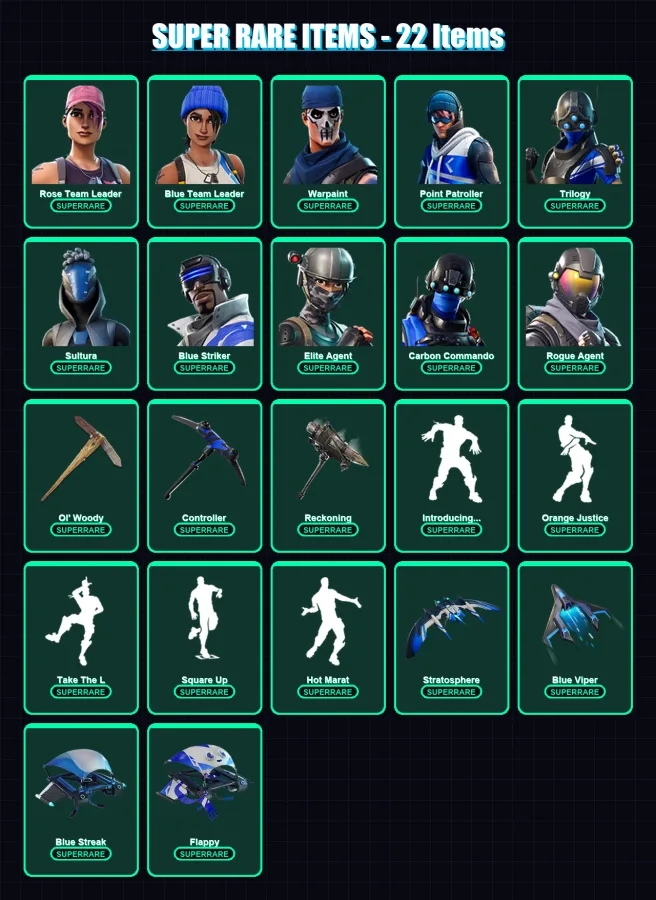[PC/XBOX/PSN] | Rose Team Leader | Blue Team Leader | Warpaint | Point Patroller | Trilogy | 128 skin | 102 pickaxe | 147 emote | 110 glider | Lv170