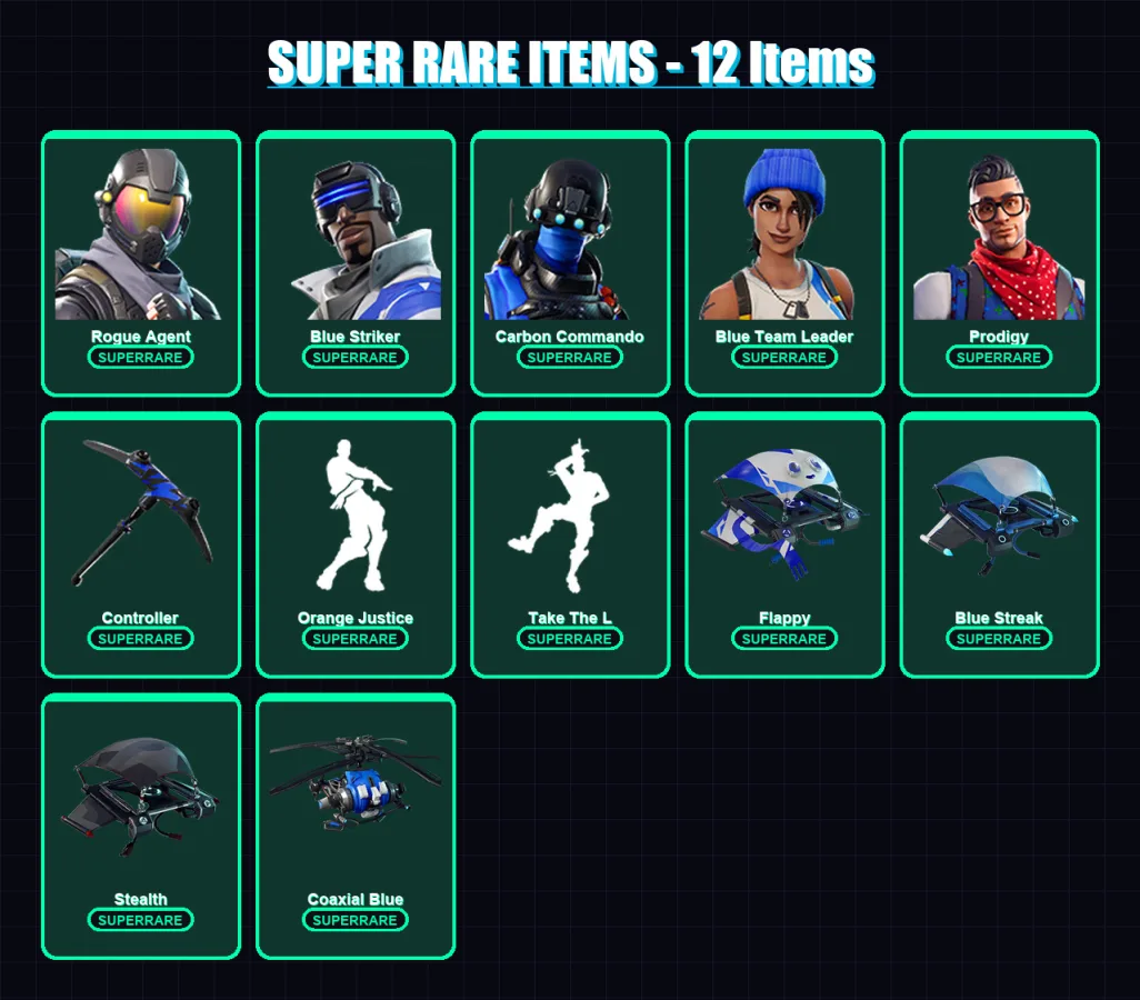 [PC] | Rogue Agent | Blue Striker | Carbon Commando | Blue Team Leader | Prodigy | 18 skin | 16 pickaxe | 15 emote | 16 glider | Lv238 — Fortnite account