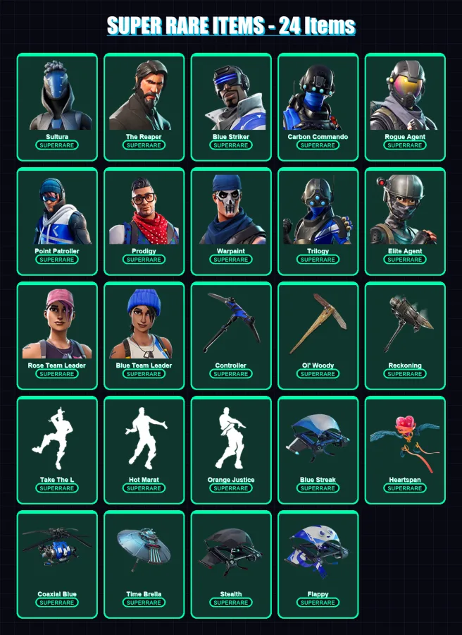 [PC/XBOX] | Sultura | The Reaper | Blue Striker | Carbon Commando | Rogue Agent | 118 skin | 94 pickaxe | 108 emote | 87 glider | Lv1202 — Fortnite account