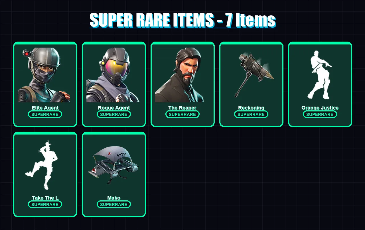[PS4/PS5/XBOX/PC] | Elite Agent | Rogue Agent | The Reaper | Zenith | Omega | 32 skin | 28 pickaxe | 35 emote | 34 glider | Lv508