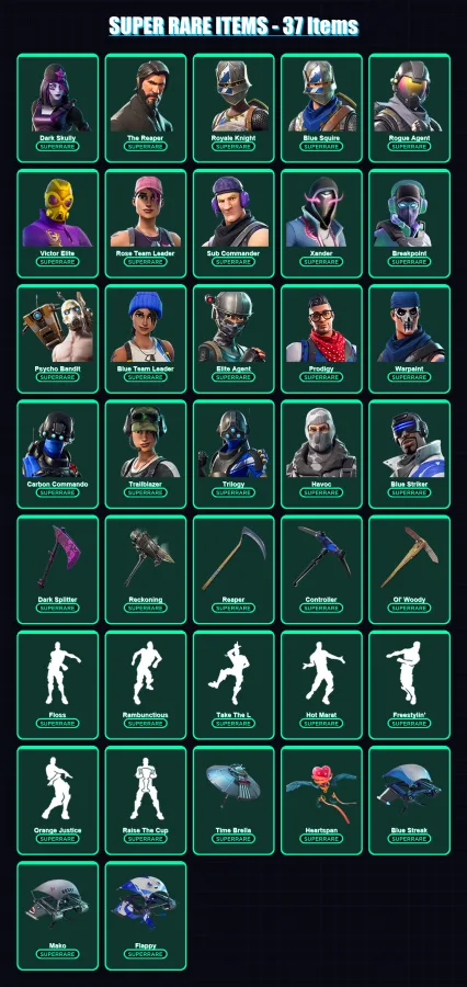 [PC/XBOX] | Dark Skully | The Reaper | Royale Knight | Blue Squire | Rogue Agent | 347 skin | 306 pickaxe | 241 emote | 212 glider | Lv3097