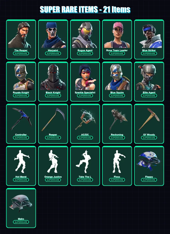 [PC/XBOX/PSN] | The Reaper | Warpaint | Rogue Agent | Rose Team Leader | Blue Striker | 84 skin | 41 pickaxe | 54 emote | 46 glider | Lv658