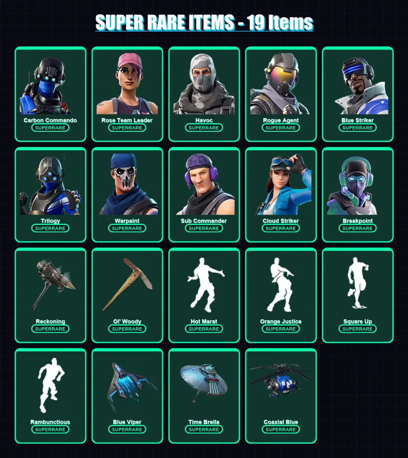 [PC/XBOX] | Carbon Commando | Rose Team Leader | Havoc | Rogue Agent | Blue Striker | 164 skin | 139 pickaxe | 133 emote | 129 glider | Lv2123