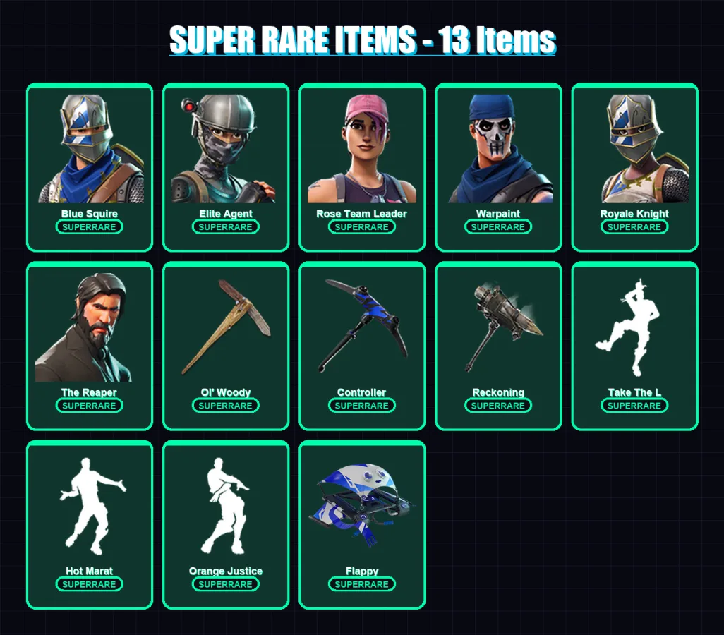 [PC/XBOX/PSN] | Blue Squire | Elite Agent | Rose Team Leader | Warpaint | Royale Knight | 118 skin | 80 pickaxe | 81 emote | 87 glider | Lv1035