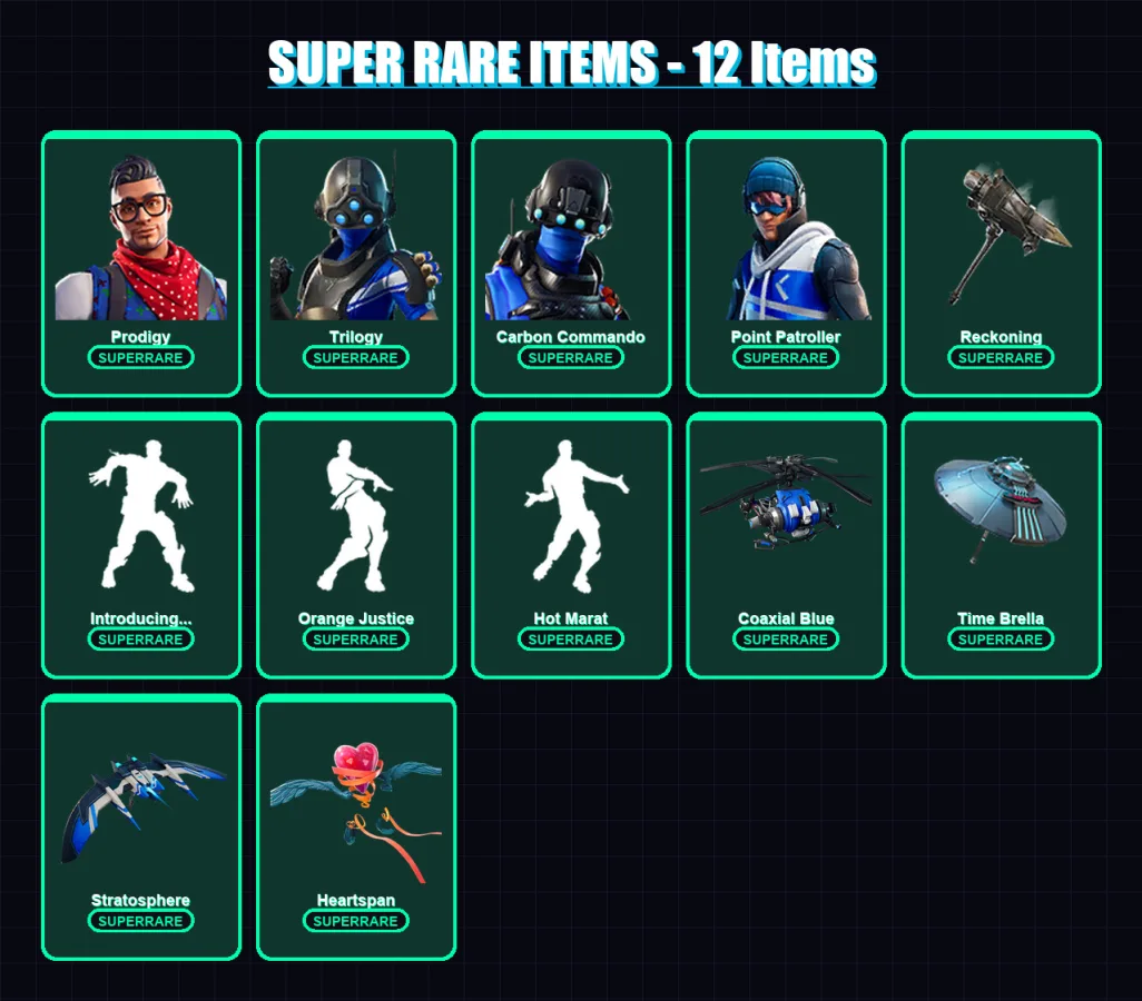 [PS4/PS5/XBOX/PC] | Prodigy | Trilogy | Carbon Commando | Point Patroller | Zenith | 55 skin | 80 pickaxe | 79 emote | 87 glider | Lv1626