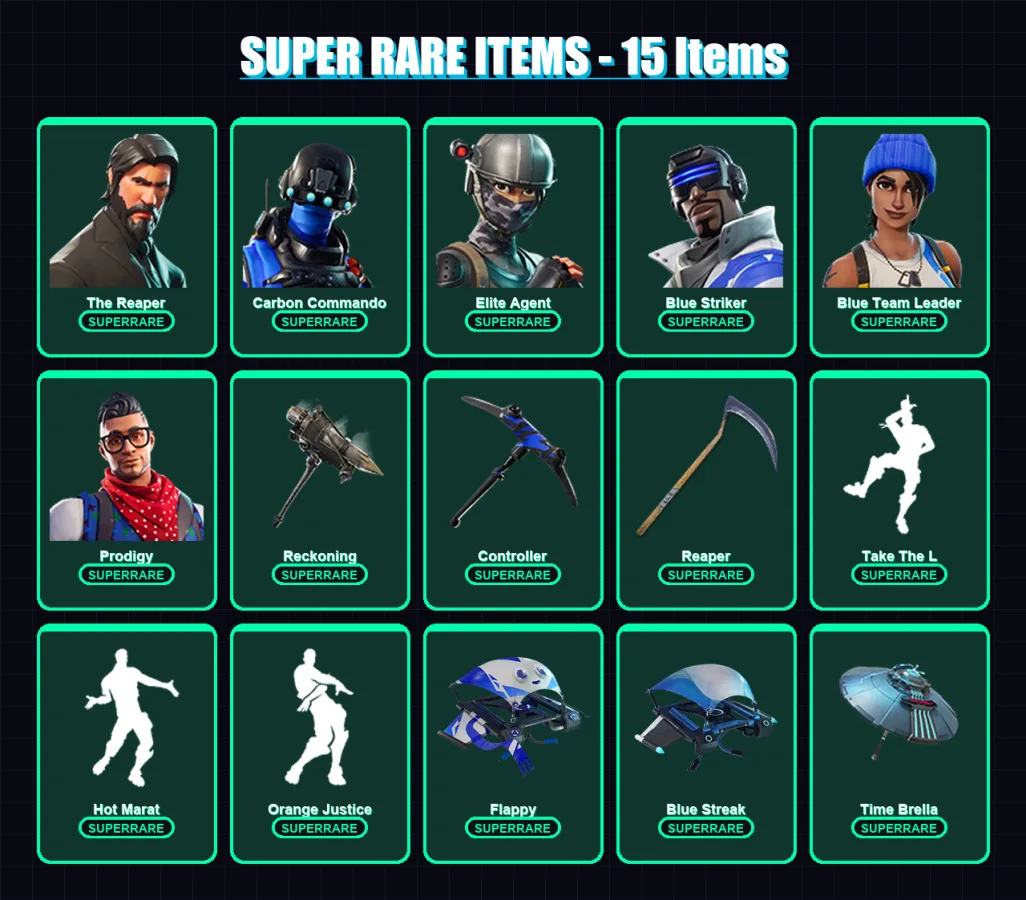 [PS4/PS5/XBOX/PC] | The Reaper | Carbon Commando | Elite Agent | Blue Striker | Blue Team Leader | 89 skin | 67 pickaxe | 75 emote | 70 glider | Lv9