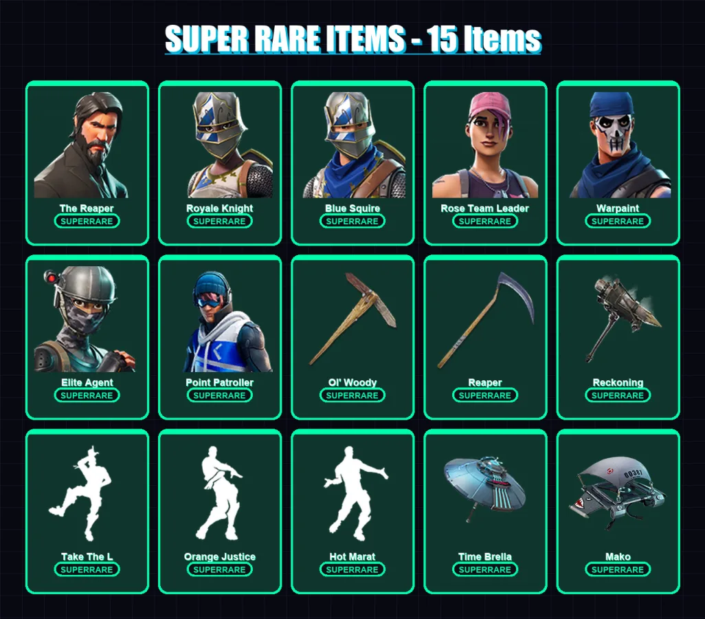 [PS4/PS5/XBOX/PC] | The Reaper | Royale Knight | Blue Squire | Rose Team Leader | Warpaint | 112 skin | 92 pickaxe | 107 emote | 108 glider | Lv1390