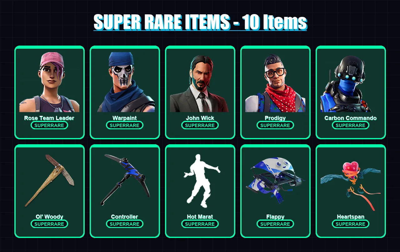 [PC/XBOX] | Rose Team Leader | Warpaint | John Wick | Prodigy | Carbon Commando | 20 skin | 42 pickaxe | 46 emote | 48 glider | Lv771