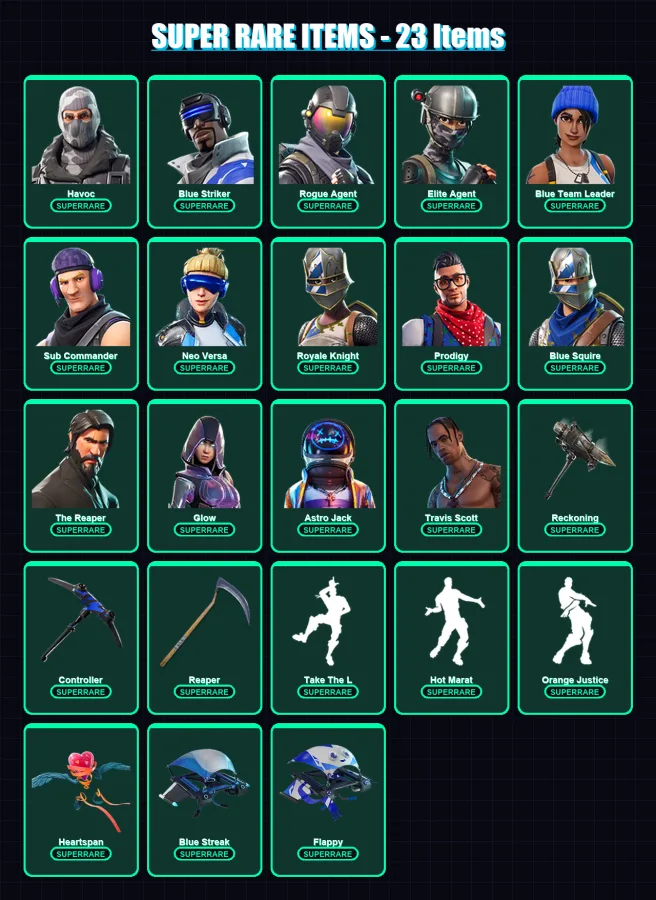[PC/XBOX] | Havoc | Blue Striker | Rogue Agent | Elite Agent | Blue Team Leader | 123 skin | 96 pickaxe | 92 emote | 93 glider | Lv1218