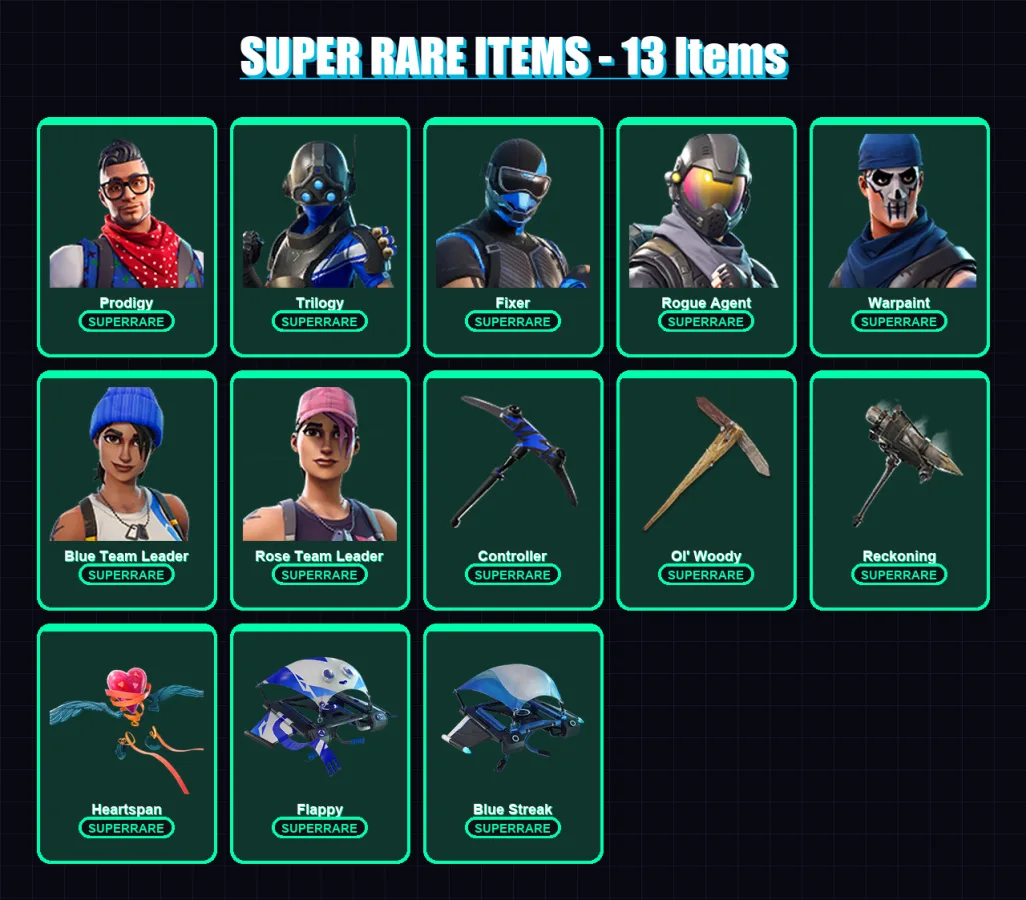 [PS4/PS5/XBOX/PC] | Prodigy | Trilogy | Fixer | Rogue Agent | Warpaint | 148 skin | 130 pickaxe | 98 emote | 74 glider | Lv731