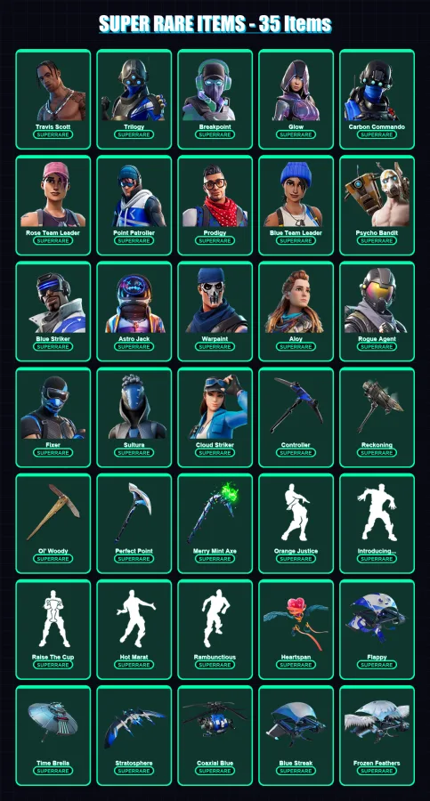 [SWITCH/PC] | Travis Scott | Trilogy | Breakpoint | Glow | Carbon Commando | 223 skin | 177 pickaxe | 152 emote | 151 glider | Lv1682