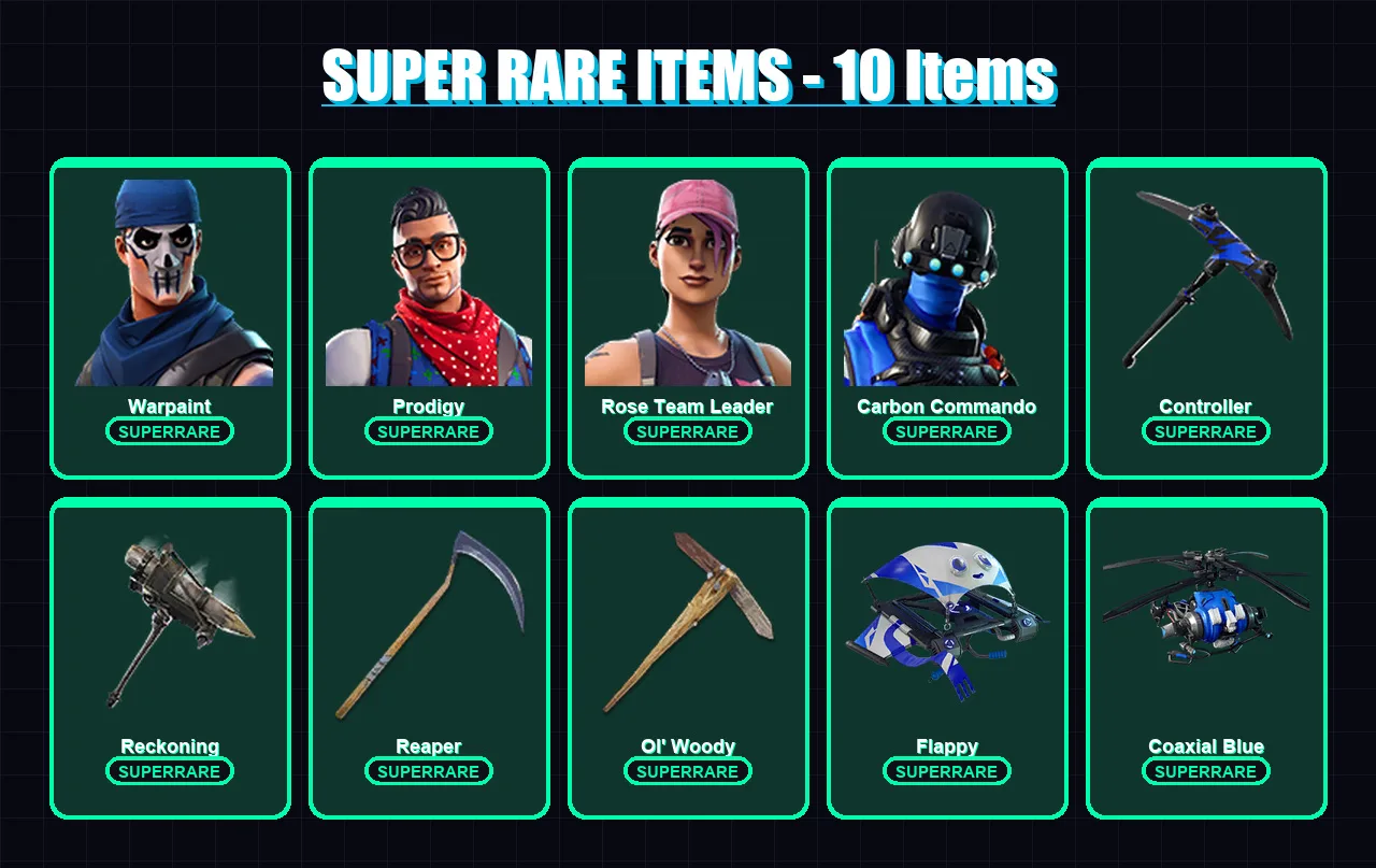 [PC/XBOX] | Warpaint | Prodigy | Rose Team Leader | Carbon Commando | Snap | 32 skin | 58 pickaxe | 56 emote | 55 glider | Lv597
