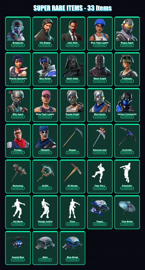 [PS4/PS5/XBOX/PC] | Breakpoint | The Reaper | John Wick | Blue Team Leader | Rogue Agent | 186 skin | 147 pickaxe | 156 emote | 144 glider | Lv1994