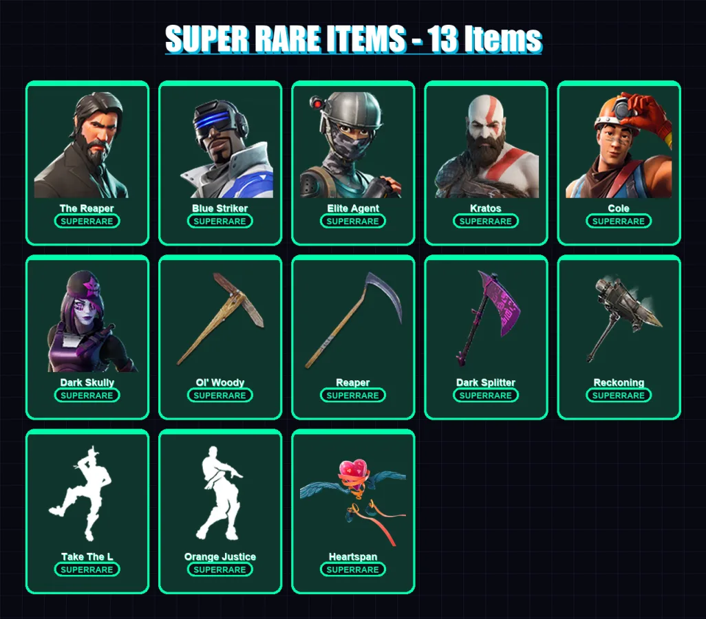 [PS4/PS5/PC] | The Reaper | Blue Striker | Elite Agent | Kratos | Cole | 112 skin | 100 pickaxe | 100 emote | 99 glider | Lv974 — Fortnite account