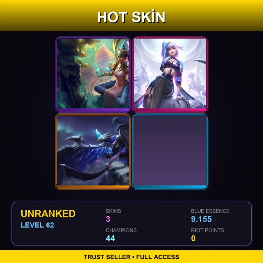 EUW | Lv62 | Unranked | 3 Skin | 44 Champ — LoL account