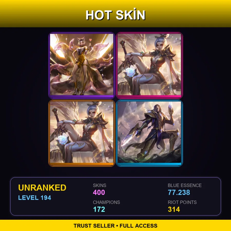 EUW | Lv194 | Unranked | 400 Skin | 172 Champ — LoL account