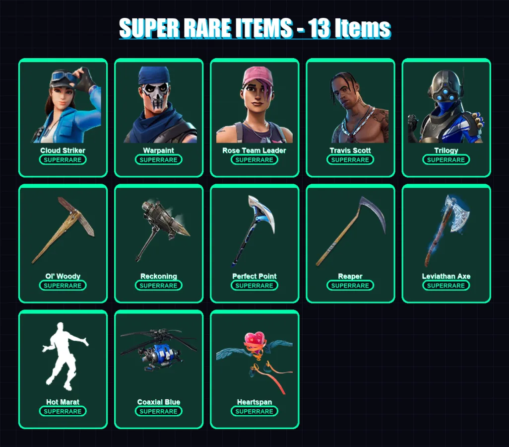 [PS4/PS5/XBOX/PC] | Cloud Striker | Warpaint | Rose Team Leader | Travis Scott | Trilogy | 142 skin | 124 pickaxe | 152 emote | 122 glider | Lv1952