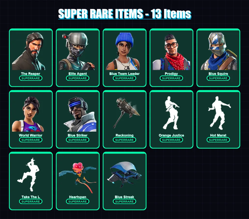 [PC/XBOX] | The Reaper | Elite Agent | Blue Team Leader | Prodigy | Blue Squire | 128 skin | 125 pickaxe | 105 emote | 118 glider | Lv1462
