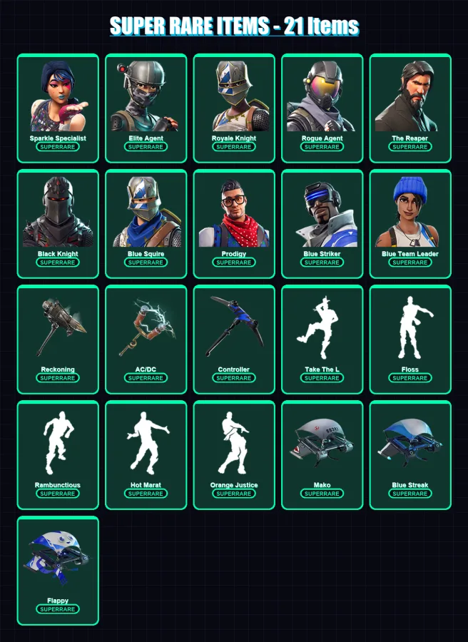 [PS4/PS5/XBOX/PC] | Sparkle Specialist | Elite Agent | Royale Knight | Rogue Agent | The Reaper | 96 skin | 65 pickaxe | 91 emote | 73 glider | Lv10