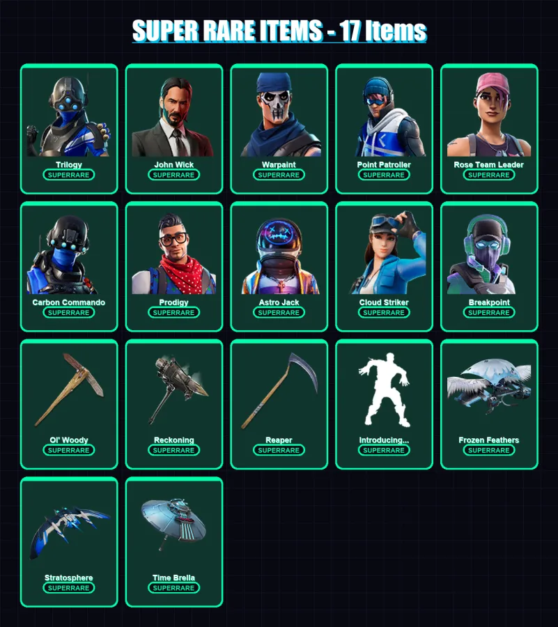 [PC/XBOX] | Trilogy | John Wick | Warpaint | Point Patroller | Rose Team Leader | 237 skin | 161 pickaxe | 229 emote | 136 glider | Lv1697