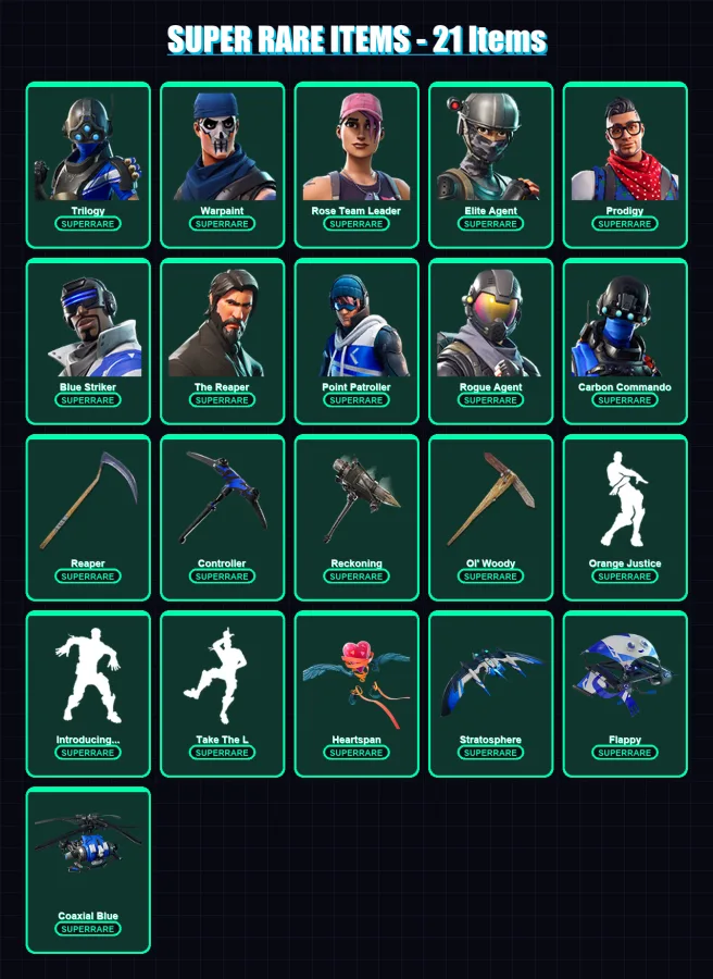 [PS4/PS5/XBOX/PC] | Trilogy | Warpaint | Rose Team Leader | Elite Agent | Prodigy | 119 skin | 96 pickaxe | 89 emote | 100 glider | Lv1069