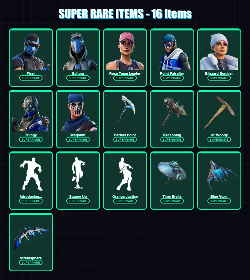 [PS4/PS5/XBOX/PC] | Fixer | Sultura | Rose Team Leader | Point Patroller | Blizzard Bomber | 72 skin | 94 pickaxe | 82 emote | 87 glider | Lv882