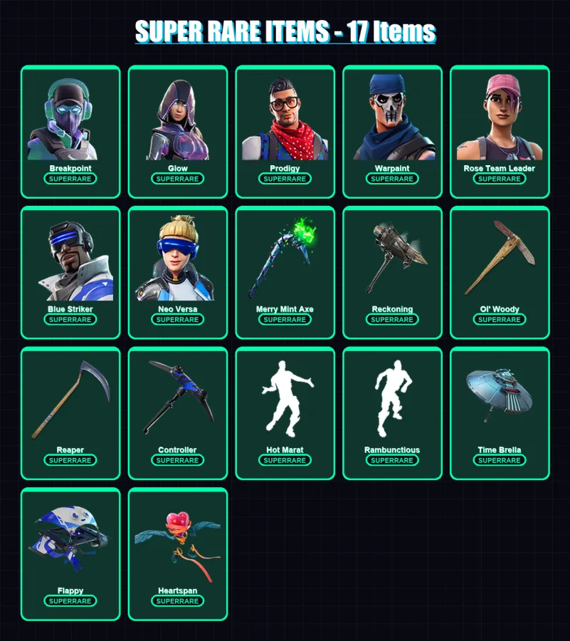 [PC/XBOX] | Breakpoint | Glow | Prodigy | Warpaint | Rose Team Leader | 110 skin | 96 pickaxe | 102 emote | 97 glider | Lv1466