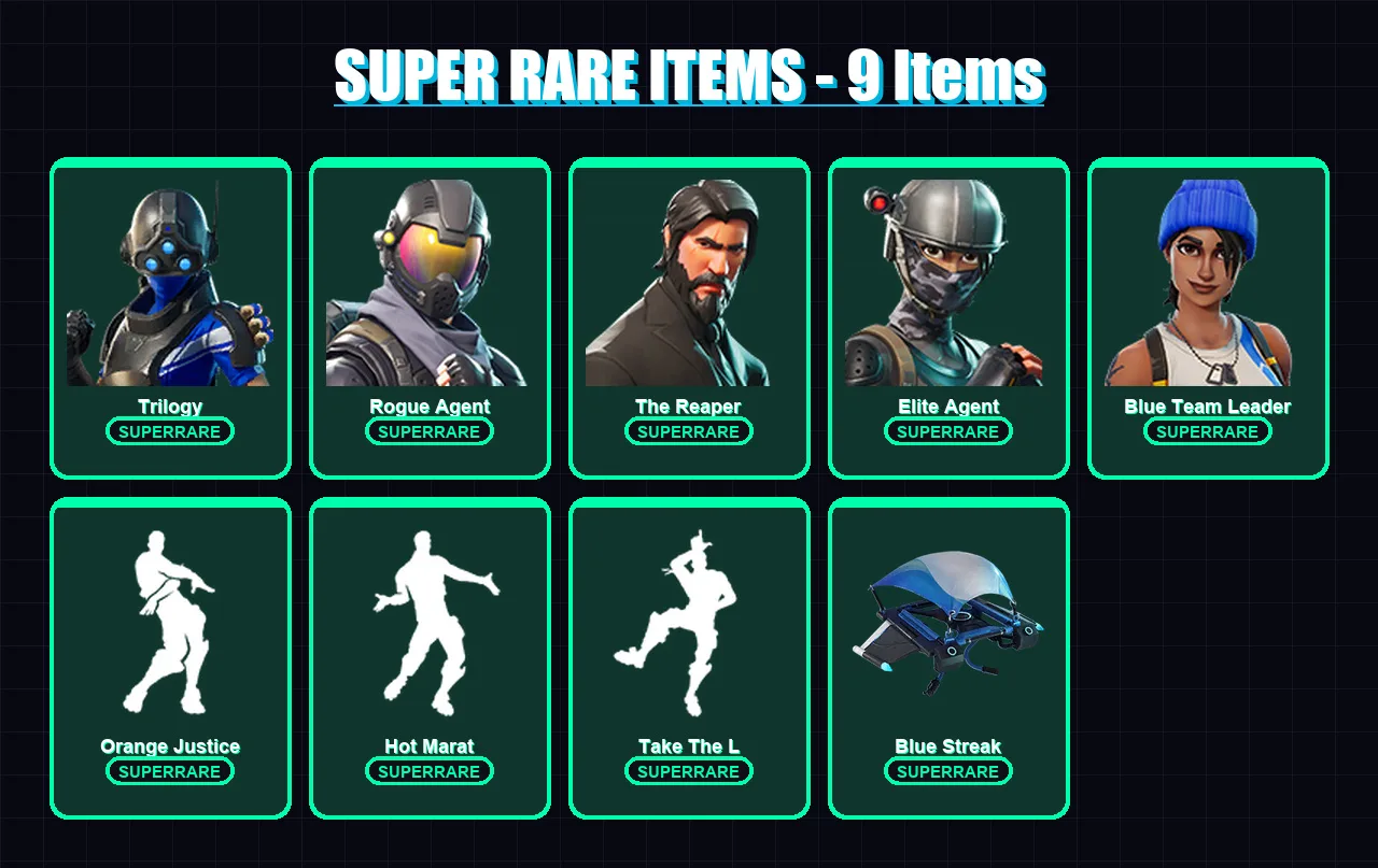 [PS4/PS5/XBOX/PC] | Trilogy | Rogue Agent | The Reaper | Elite Agent | Blue Team Leader | 76 skin | 79 pickaxe | 83 emote | 77 glider | Lv1973