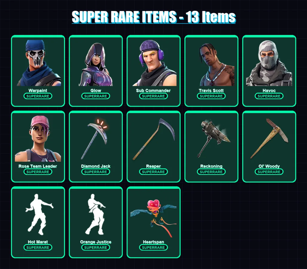 [PC] | Warpaint | Glow | Sub Commander | Travis Scott | Havoc | 172 skin | 155 pickaxe | 133 emote | 139 glider | Lv2340