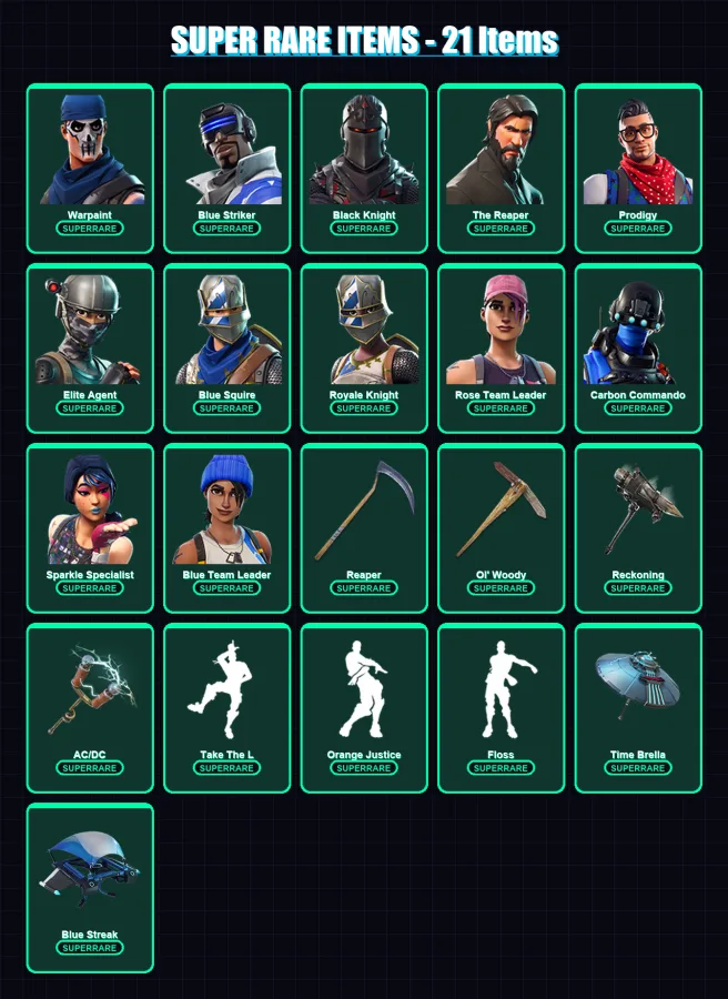 [PS4/PS5/XBOX/PC] | Warpaint | Blue Striker | Black Knight | The Reaper | Prodigy | 114 skin | 137 pickaxe | 141 emote | 131 glider | Lv1643