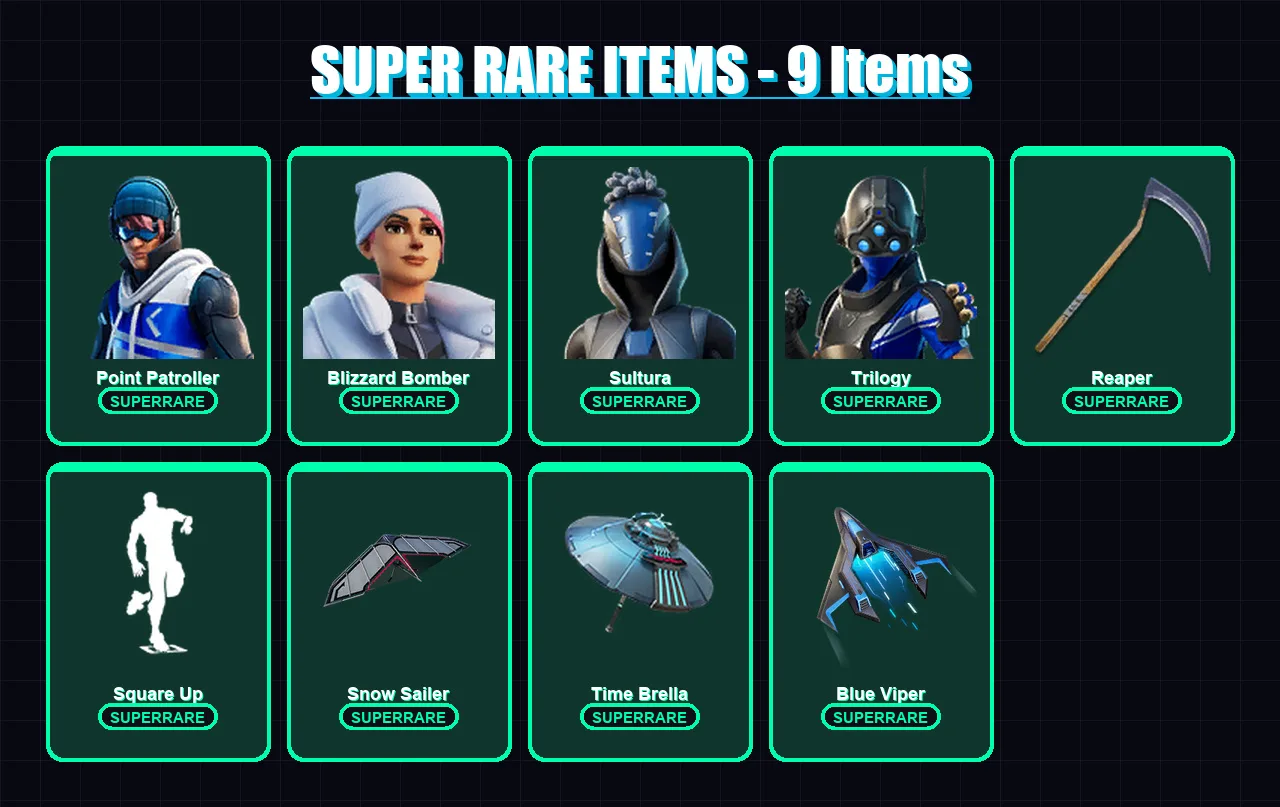 [PS4/PS5/XBOX/PC] | Point Patroller | Blizzard Bomber | Sultura | Trilogy | The Ageless | 368 skin | 365 pickaxe | 302 emote | 257 glider | Lv5536