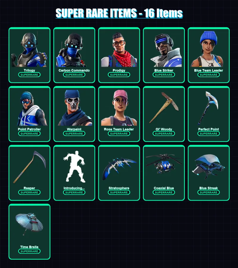 [PC/XBOX] | Trilogy | Carbon Commando | Prodigy | Blue Striker | Blue Team Leader | 81 skin | 101 pickaxe | 77 emote | 94 glider | Lv1338